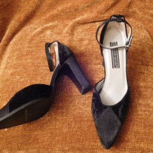 Jennifer Moore Black Velvet Open Sides Pumps Ankle Straps, Block Heels, size 7.5